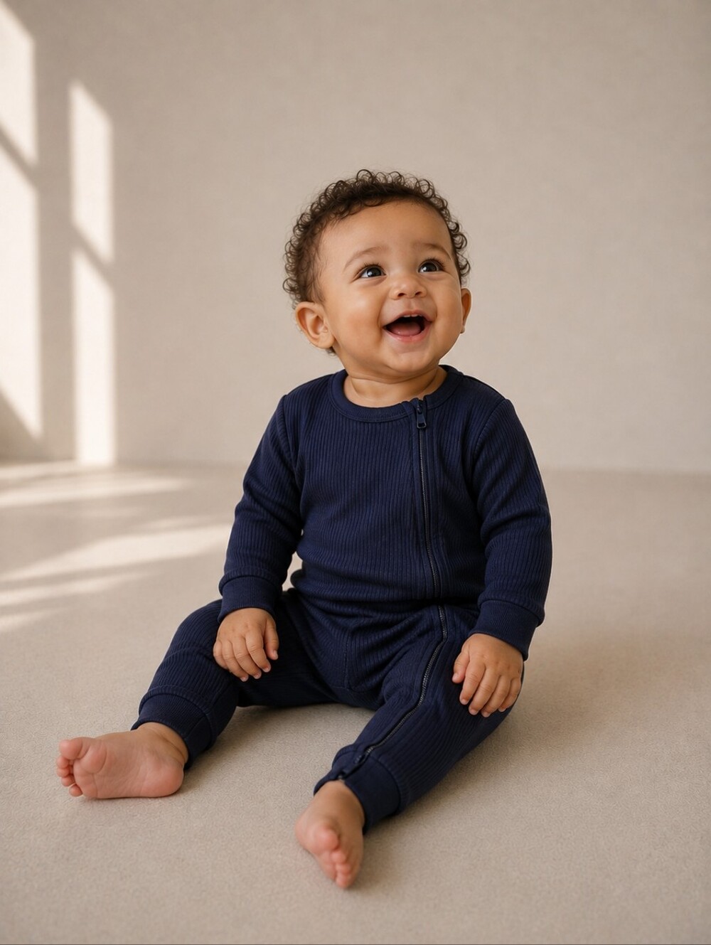 Firsts by Petit Lem Ribbed Sleeper 9M Navy Organic Cotton One Piece Pajamas